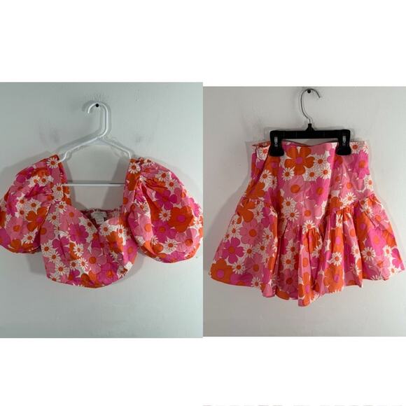 Collective The Label Pink Orange Floral Puff Sleeve Top Mini Skirt Set 0 Petite - Picture 1 of 13